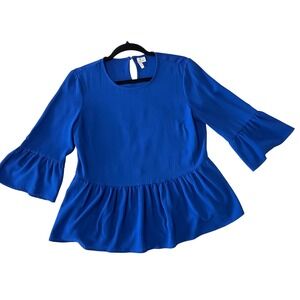 ELLE‎ Blue Peplum Ruffle Sleeve Blouse Women's Size Medium